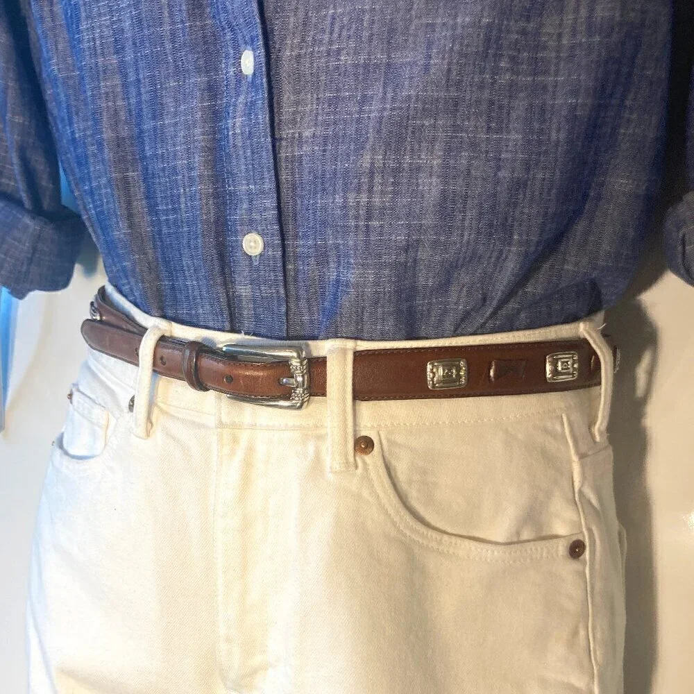 Fossil SZ M Brown leather belt silver accents classic western essential classic